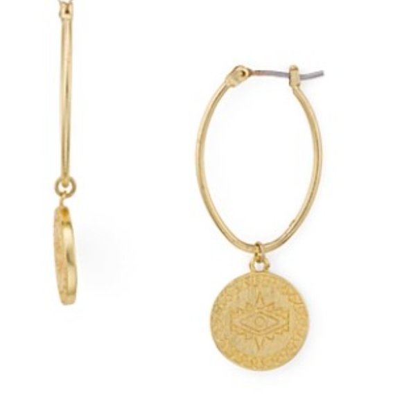 Rebecca Minkoff Etched Coin Hoops Earrings (Gold) Earring - Picture 2 of 6